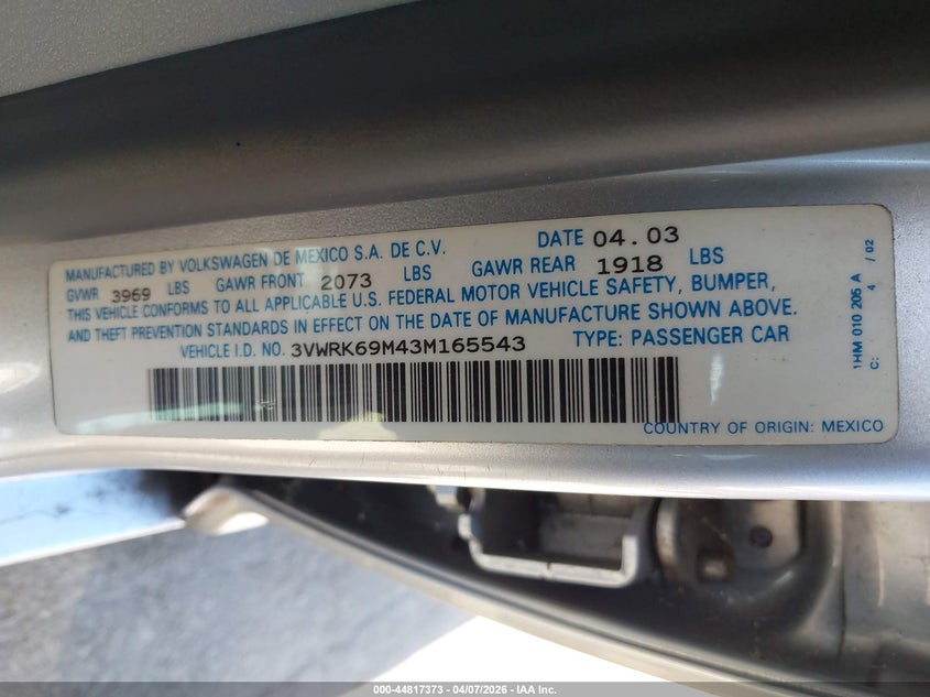 2003 Volkswagen Jetta Gl VIN: 3VWRK69M43M165543 Lot: 44817373