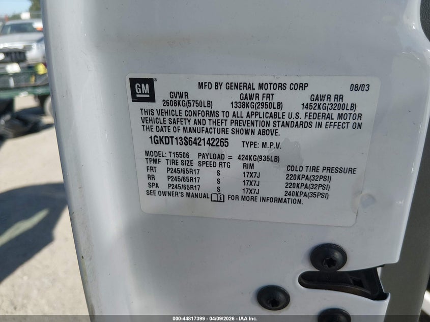 2004 GMC Envoy Slt VIN: 1GKDT13S642142265 Lot: 44817399