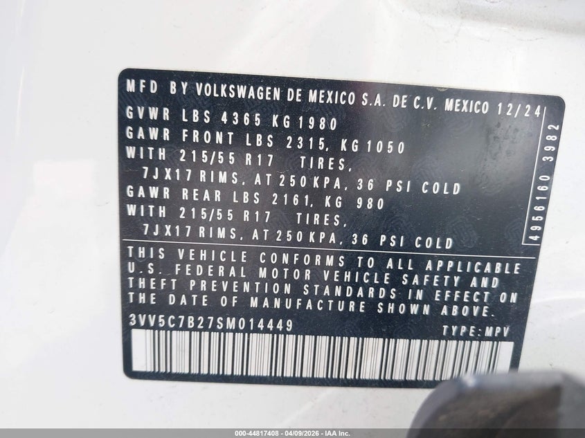 2025 Volkswagen Taos 1.5T S VIN: 3VV5C7B27SM014449 Lot: 44817408