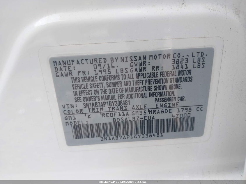 2016 Nissan Sentra S VIN: 3N1AB7AP1GY338481 Lot: 44817412