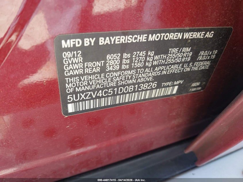 2013 BMW X5 xDrive35I/xDrive35I Premium/xDrive35I Sport Activity VIN: 5UXZV4C51D0B13826 Lot: 44817415