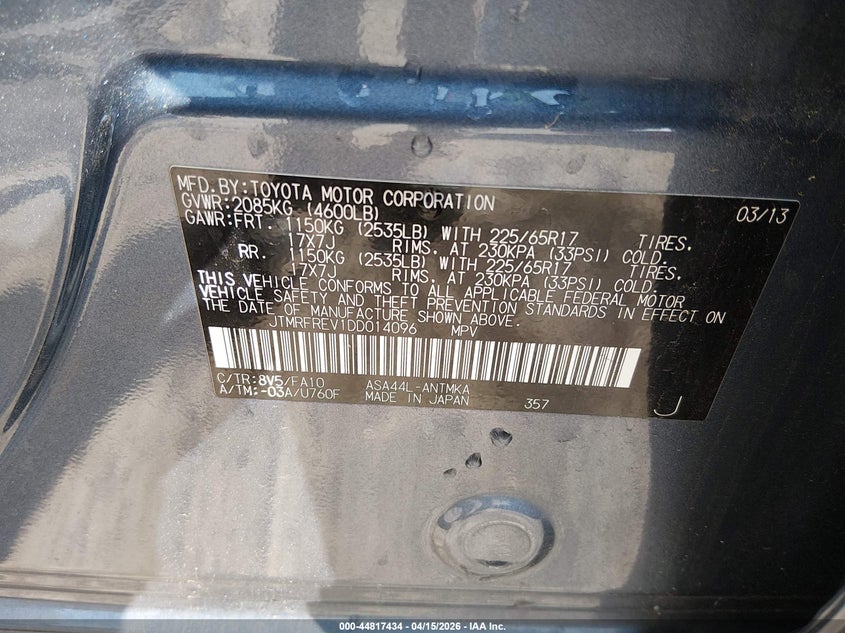 2013 Toyota Rav4 Xle VIN: JTMRFREV1DD014096 Lot: 44817434