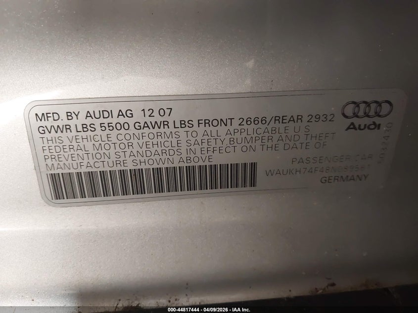 2008 Audi A6 3.2 Avant VIN: WAUKH74F48N089561 Lot: 44817444