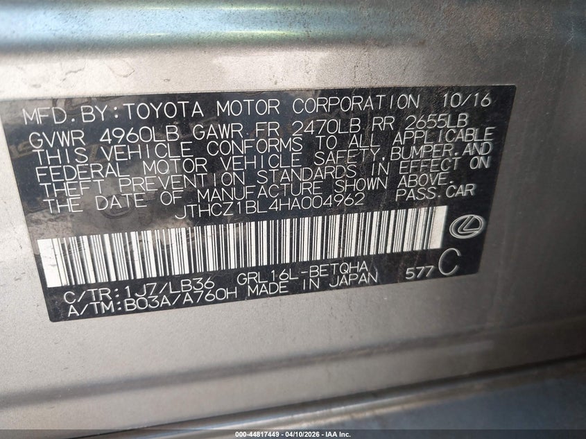 2017 Lexus Gs 350 F Sport VIN: JTHCZ1BL4HA004962 Lot: 44817449