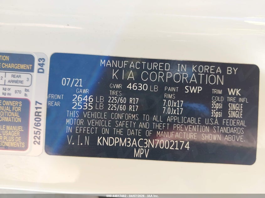 2022 KIA SPORTAGE 2.4L I-4 DI, DOHC, V(VIN: KNDPM3AC3N7002174