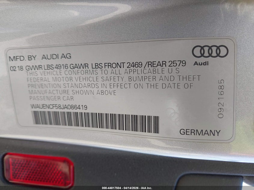 2018 Audi A5 2.0T Premium VIN: WAUENCF58JA086419 Lot: 44817504