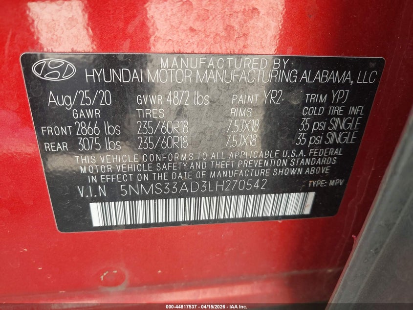 2020 Hyundai Santa Fe Sel VIN: 5NMS33AD3LH270542 Lot: 44817537