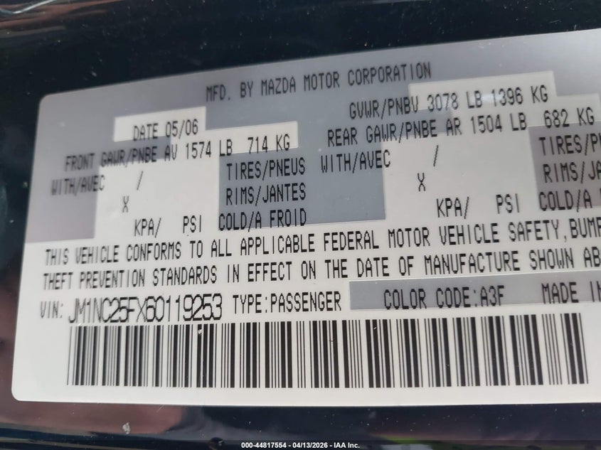 2006 Mazda Mx-5 Touring VIN: JM1NC25FX60119253 Lot: 44817554