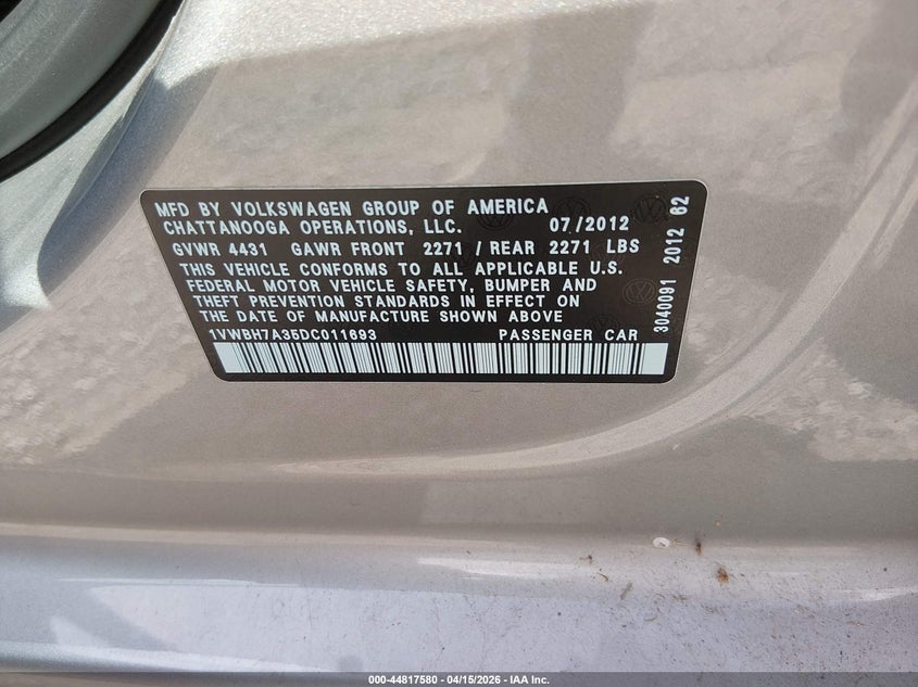 2013 Volkswagen Passat 2.5L Se VIN: 1VWBH7A35DC011693 Lot: 44817580