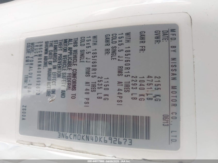 2013 Nissan Nv200 S VIN: 3N6CM0KN4DK692673 Lot: 44817586