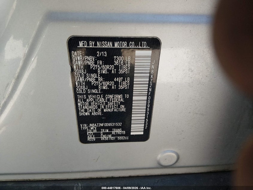 2013 Infiniti Qx56 VIN: JN8AZ2NF0D9531532 Lot: 44817606