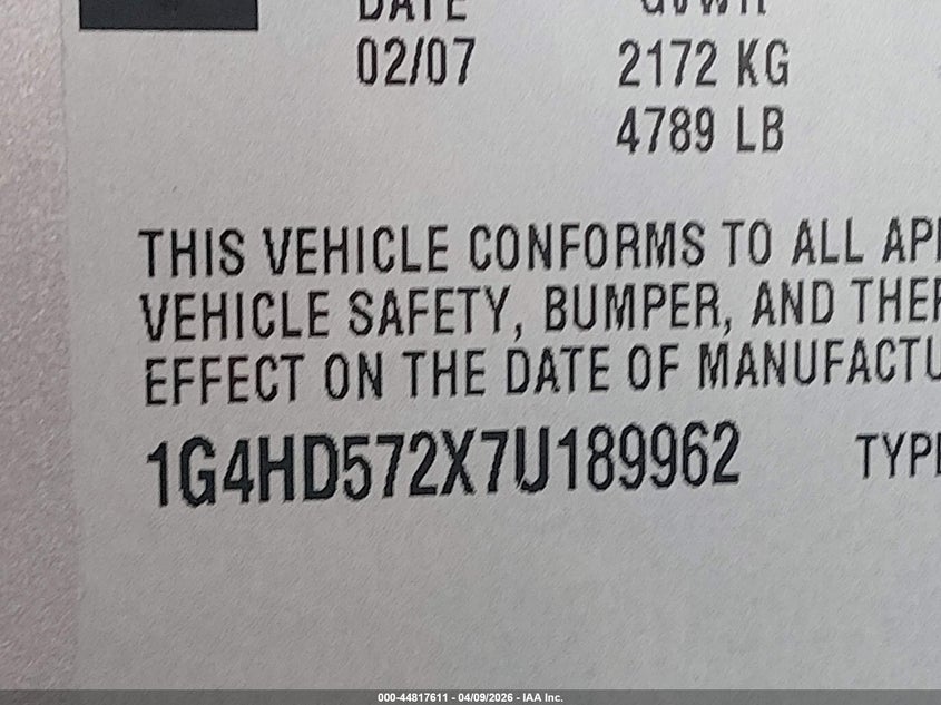 2007 Buick Lucerne Cxl VIN: 1G4HD572X7U189962 Lot: 44817611