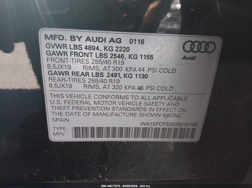 2016 Audi Q3 2.0T Premium Plus VIN: WA1EFCFSXGR016706 Lot: 44817670
