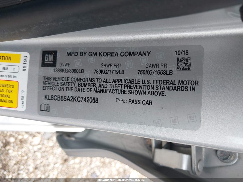 2019 Chevrolet Spark Ls Cvt VIN: KL8CB6SA2KC742068 Lot: 44817671