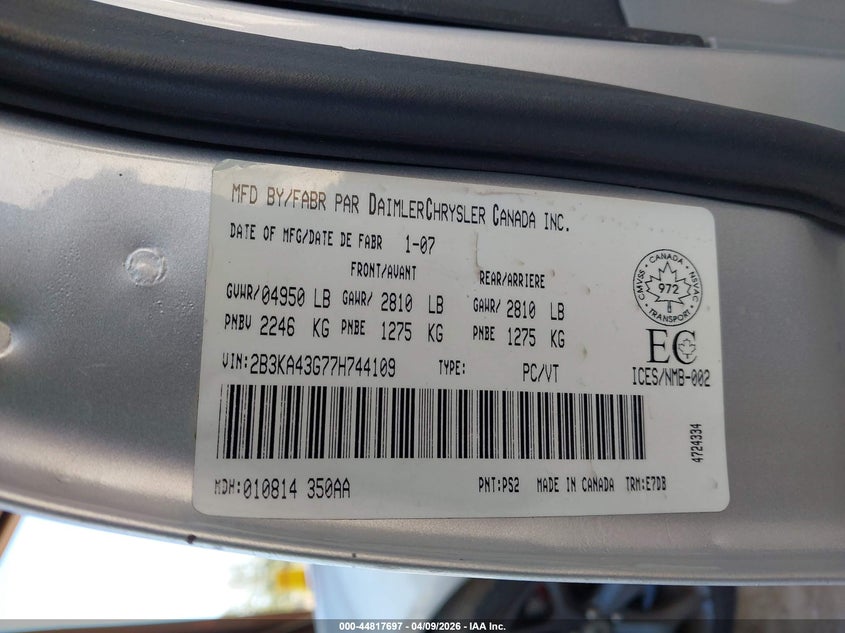 2007 Dodge Charger VIN: 2B3KA43G77H744109 Lot: 44817697