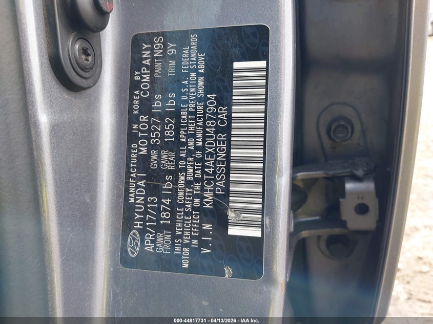 2013 Hyundai Accent Gls VIN: KMHCT4AEXDU487904 Lot: 44817731