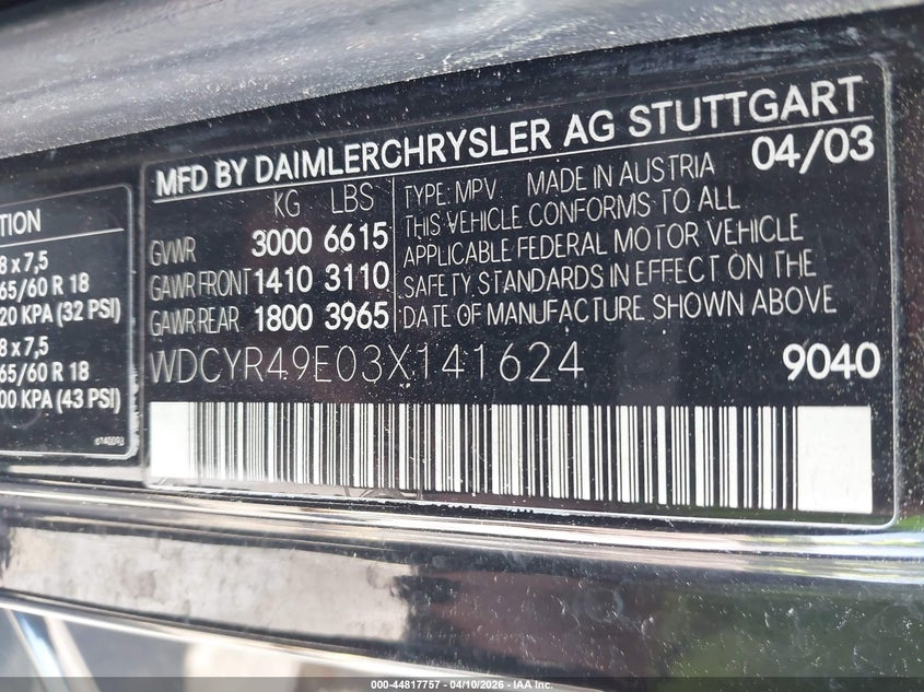 2003 Mercedes-Benz G 500 VIN: WDCYR49E03X141624 Lot: 44817757