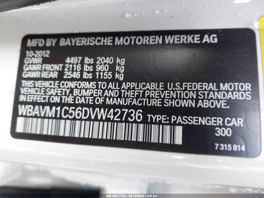 2013 BMW X1 Sdrive28I VIN: WBAVM1C56DVW42736 Lot: 44817782