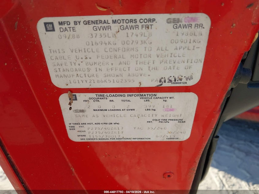 1989 Chevrolet Corvette VIN: 1G1YY2186K5102395 Lot: 44817793