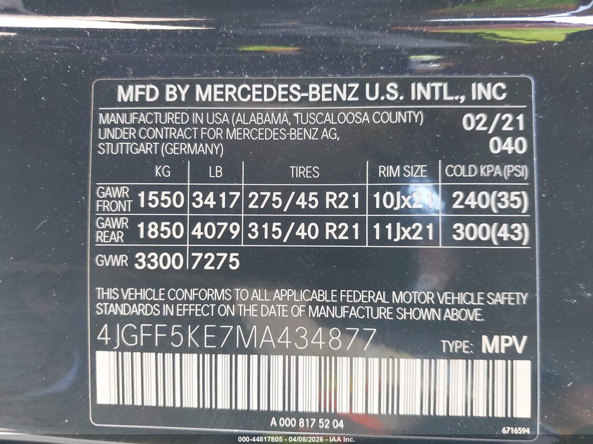 2021 Mercedes-Benz Gls 450 4Matic VIN: 4JGFF5KE7MA434877 Lot: 44817805