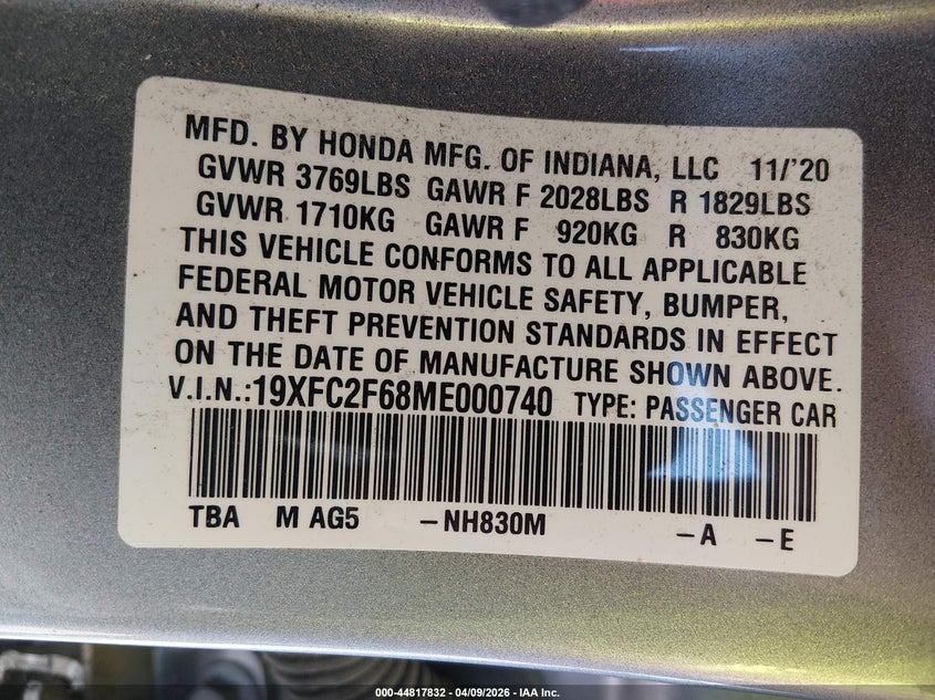2021 Honda Civic 2.0 Lx silver Lot 111044817832 Vin 19XFC2F68ME000740