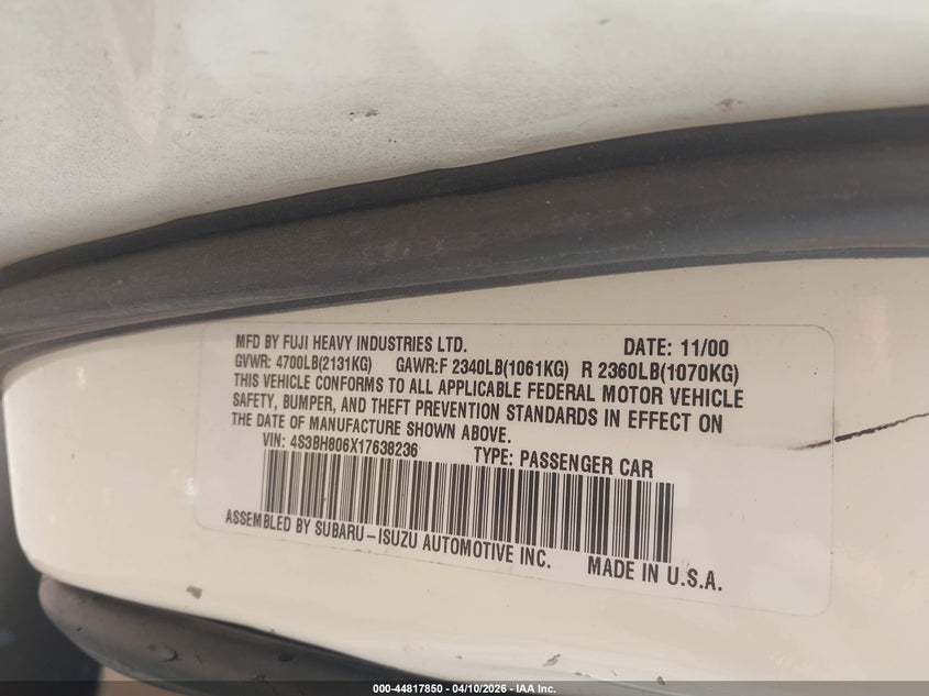 2001 Subaru Outback H6-3.0 VIN: 4S3BH806X17638236 Lot: 44817850