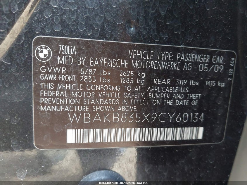 2009 BMW 750Li VIN: WBAKB835X9CY60134 Lot: 44817880