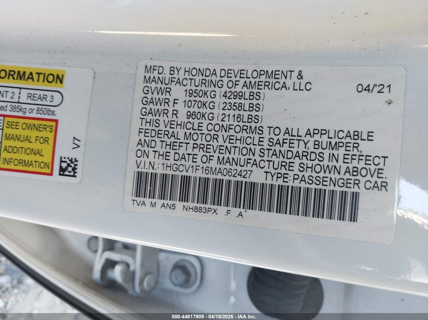 VIN 1HGCV1F16MA062427 2021 HONDA ACCORD LX