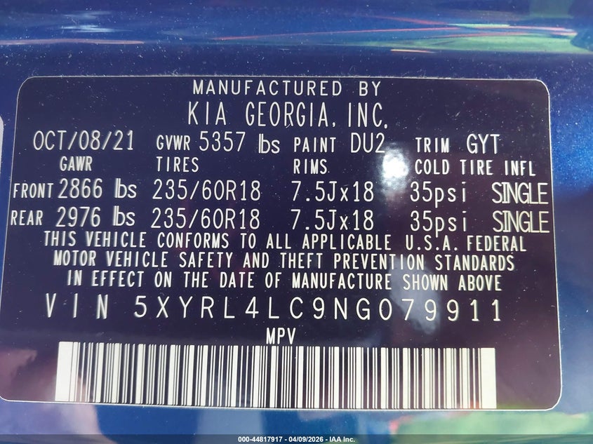 2022 Kia Sorento S VIN: 5XYRL4LC9NG079911 Lot: 44817917