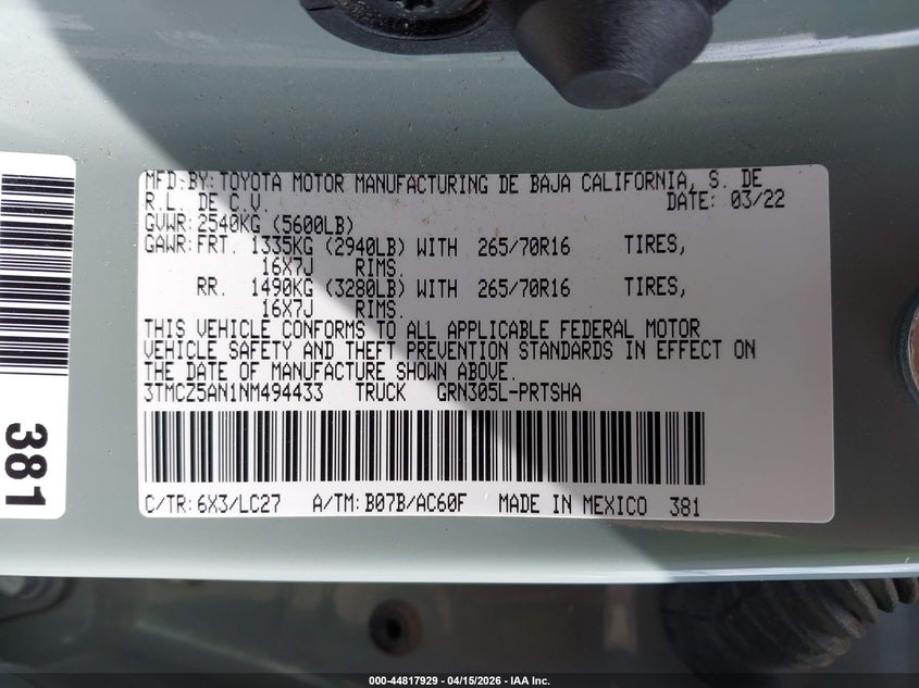 2022 Toyota Tacoma 4Wd Trd Off Road VIN: 3TMCZ5AN1NM494433 Lot: 44817929