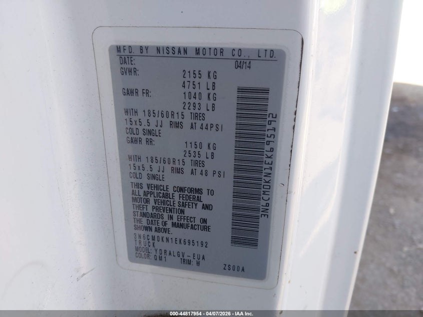 2014 Nissan Nv200 Sv VIN: 3N6CM0KN1EK695192 Lot: 44817954