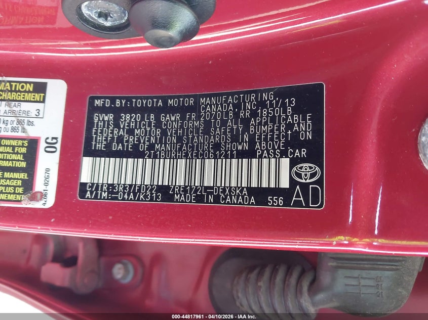 2014 Toyota Corolla 1.8 S red Lot 111044817961 Vin 2T1BURHEXEC061211