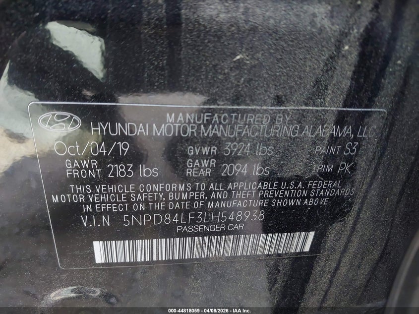 VIN 5NPD84LF3LH548938 2020 HYUNDAI ELANTRA VALUE EDITION