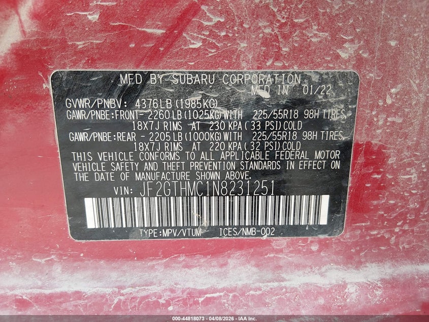 2022 SUBARU XV SPORT UTILITY VEHICLE 2.5L H-4 DI, DOHC, VVT, 182HP