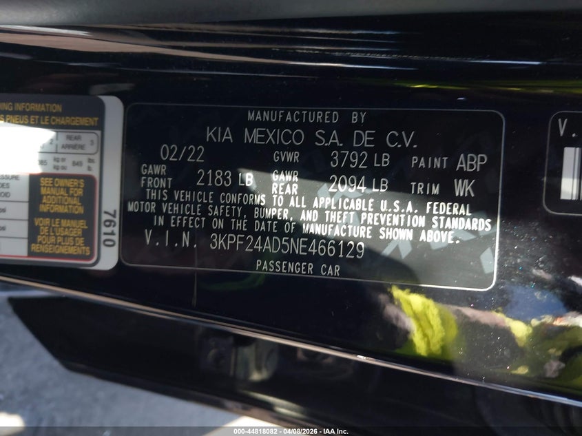 2022 KIA FORTE SEDAN 2.0L I-4 DOHC, VVT, 147HP