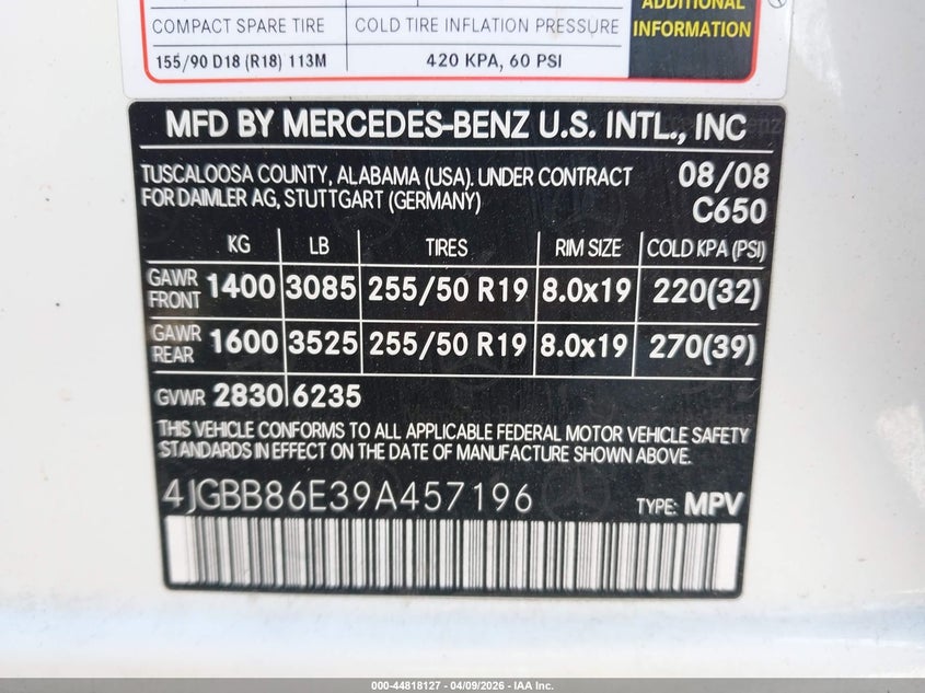 2009 Mercedes-Benz Ml 350 4Matic VIN: 4JGBB86E39A457196 Lot: 44818127