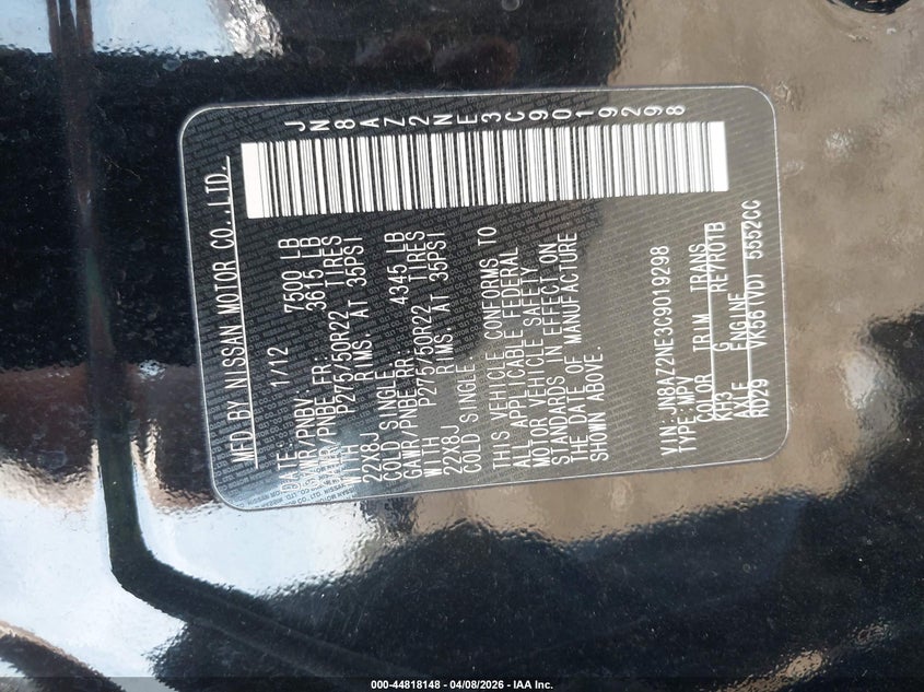 2012 Infiniti Qx56 VIN: JN8AZ2NE3C9019298 Lot: 44818148