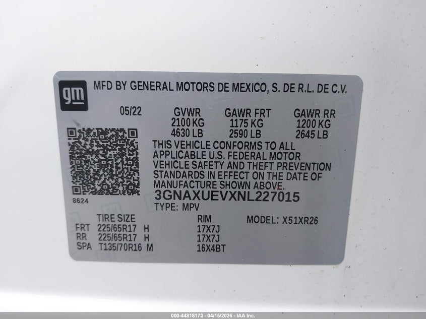 2022 Chevrolet Equinox Awd Lt VIN: 3GNAXUEVXNL227015 Lot: 44818173