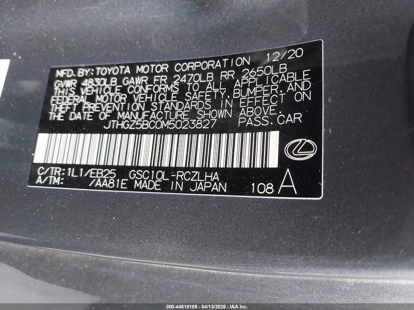 2021 Lexus Rc 350 F Sport VIN: JTHGZ5BC0M5023827 Lot: 44818189