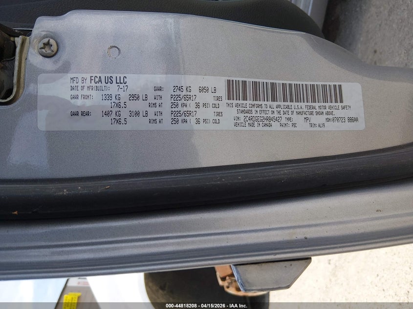 2017 Dodge Grand Caravan Gt VIN: 2C4RDGEG2HR845427 Lot: 44818208