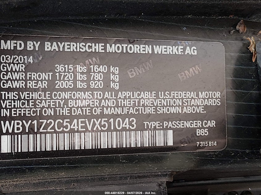 2014 BMW I3 VIN: WBY1Z2C54EVX51043 Lot: 44818229