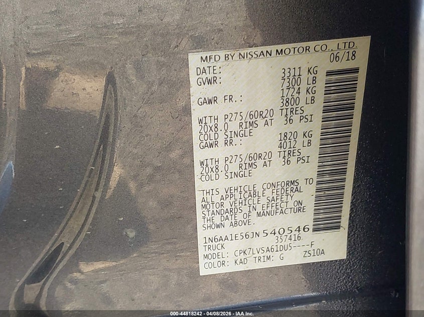 2018 Nissan Titan Sl VIN: 1N6AA1E56JN540546 Lot: 44818242