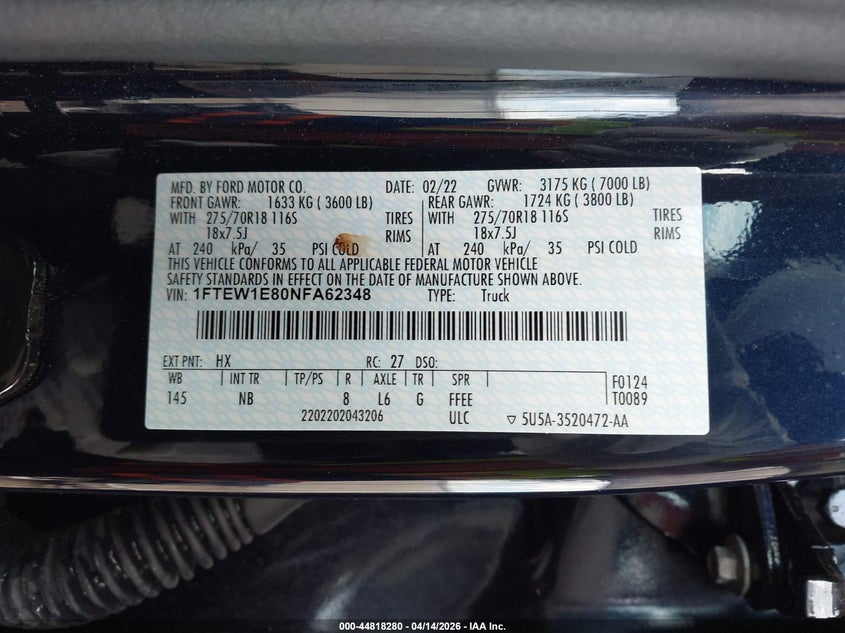 2022 Ford F-150 Tremor VIN: 1FTEW1E80NFA62348 Lot: 44818280