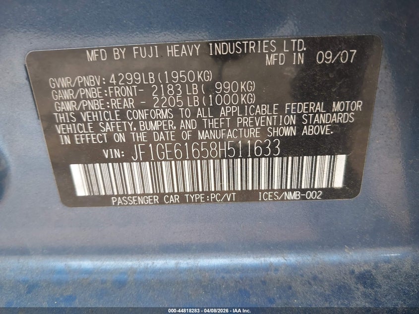 2008 Subaru Impreza 2.5I VIN: JF1GE61658H511633 Lot: 44818283