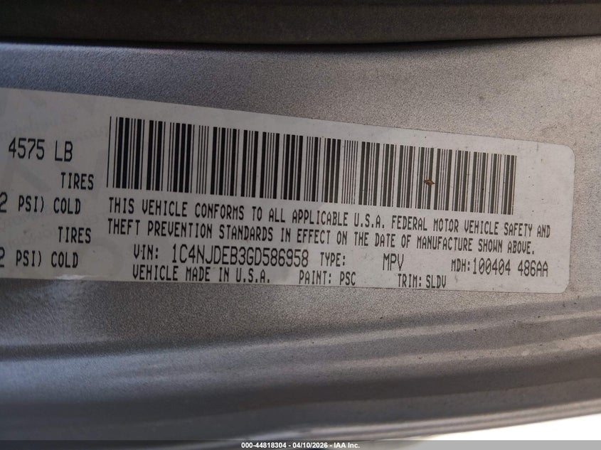 2016 Jeep Compass High Altitude Edition VIN: 1C4NJDEB3GD586958 Lot: 44818304