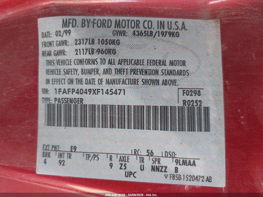 1999 Ford Mustang VIN: 1FAFP4049XF145471 Lot: 44818306
