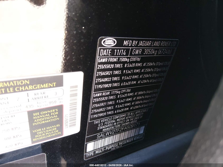 2015 Land Rover Range Rover Sport 5.0L V8 Supercharged Autobiography VIN: SALWV2TF2FA509171 Lot: 44818312