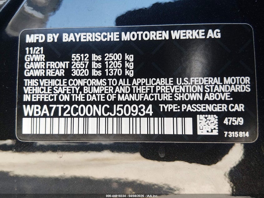 2022 BMW 740 I VIN: WBA7T2C00NCJ50934 Lot: 44818334