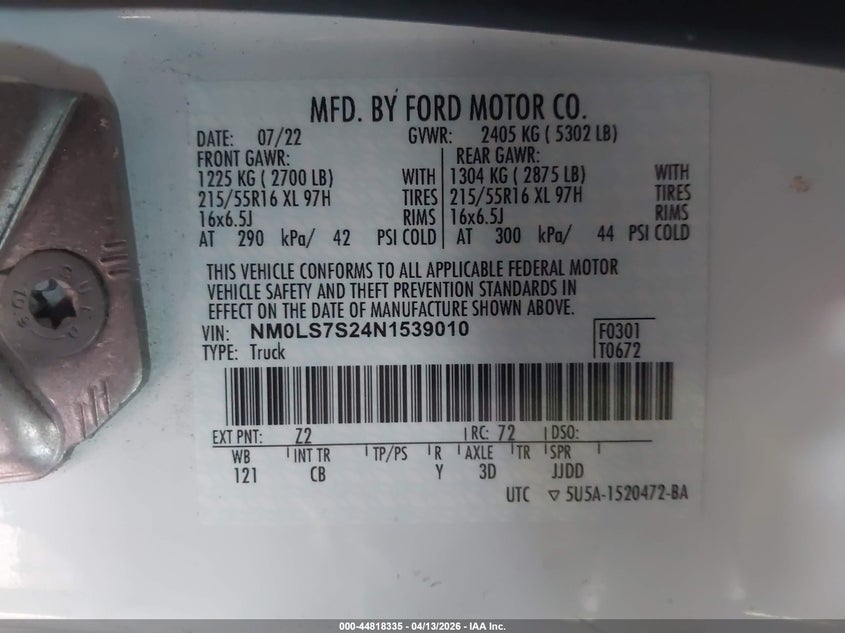 VIN NM0LS7S24N1539010 2022 FORD TRANSIT CONNECT XL
