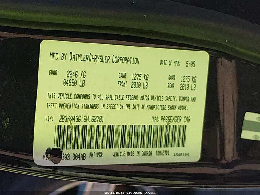 2006 Dodge Charger VIN: 2B3KA43G16H162781 Lot: 44818344
